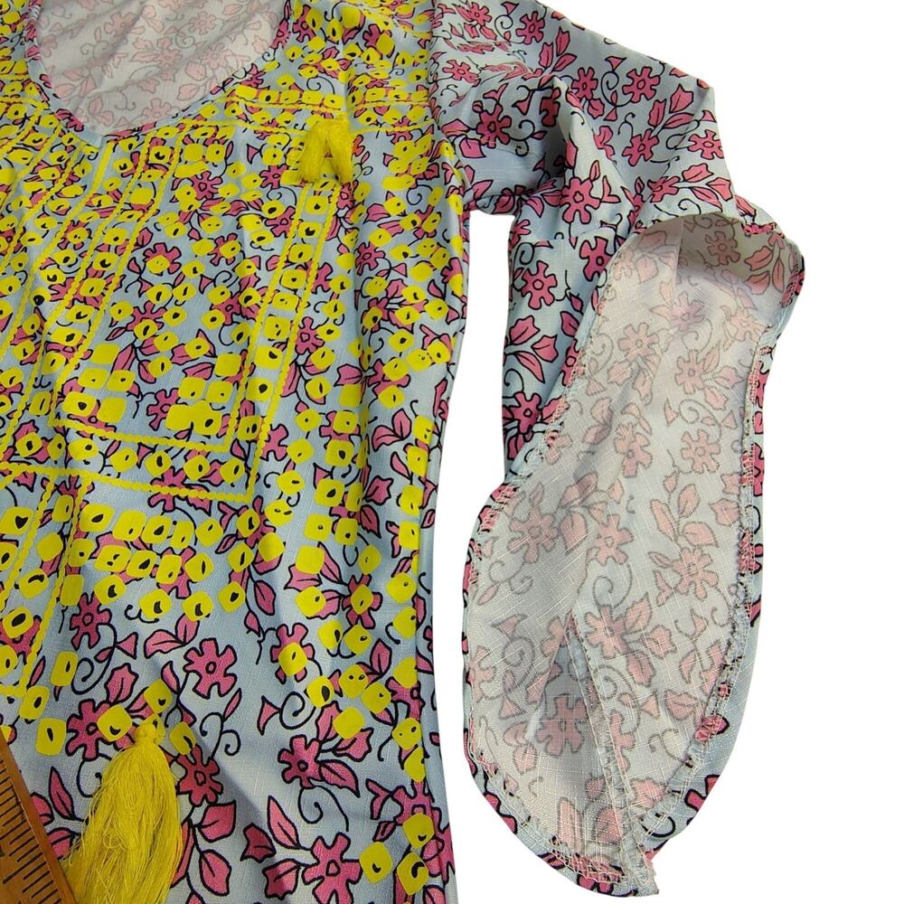 Mislook Tunic Boho Vibrant Eclectri Floral Tassels Fringe Pink Coastal Fairy Cow - Picture 7 of 11